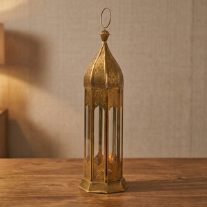 Lanterne hexagonale en laiton doré avec verre, style marocain, porte-bougie suspendu pour la décoration de la maison - Product Image 2