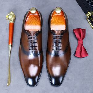 Black Square Toe Brogue Carved Oxford Shoes Full-Grain Leather Lace-Up Breathable Anti-Slip Lightweight Office Career Dress - Product Image 3