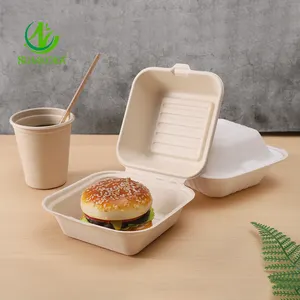 गन्ना 100% Biodegradable PFAS नि: शुल्क 6 "सीपी खाद्य कंटेनर Lids के साथ खाद बर्गर Takeout कंटेनर खोई बॉक्स