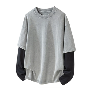 T-shirt décontracté surdimensionné pour homme de haute qualité, style vintage délavé à l'acide, manches contrastantes, faux deux pièces, manches longues, vente en gros - Product Image 5