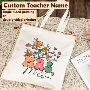 Flower Design Personalized <b>Teacher</b> Appreciation <b>Gift</b> Handbag, Customizable <b>Teacher</b> Name Pattern Canvas <b>Gift</b> Bag - Product Image 3