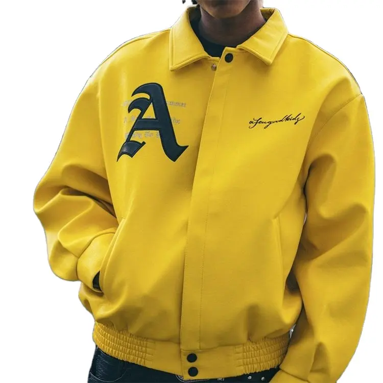 Custom jacket embroidered logo yellow leather coat bomber jacket men's baseball uniform jacket coat
