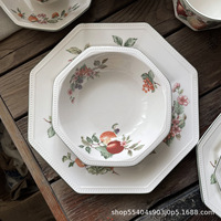 Assiettes à dîner octogonales en céramique vintage, vaisselle en porcelaine à motifs floraux, service à thé, assiettes en céramique de style européen