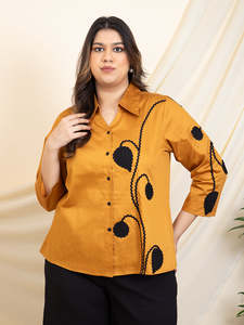 Solid Cotton Leaf Patch Work Plus Size <b>Shirt</b> for Women Spread Collar Neck Long Sleeves Party Western Casual Summer Wear Stylish - Product Image 2