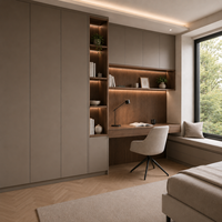 Bibliothèque de bureau à domicile personnalisée avec bureau intégré, étagères ouvertes et rangement par tiroirs