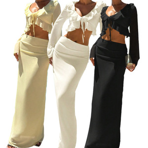 2025 femmes vacances d'été doux deux pièces ensemble volants à manches longues haut <span class=keywords><strong>jupe</strong></span> <span class=keywords><strong>longue</strong></span> ensemble décontracté - Product Image 1