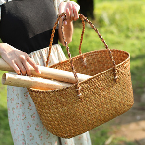 Nouveau panier de courses rétro tressé à la main pour l'été, panier créatif pour la maison, le pique-nique en extérieur et accessoire <span class=keywords><strong>photo</strong></span> - Product Image 4