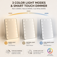 Miroir de table LED pliable grand format avec variateur tactile, 3 couleurs de lumière à mémoire, arrêt automatique, rechargeable Type-C 1000 mAh