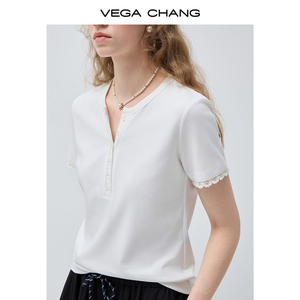 T-shirt en coton à manches courtes VEGA CHANG, style français élégant, coupe ajustée, non restrictif, couleur blanc pur minimaliste, effet éclaircissant. - Product Image 4