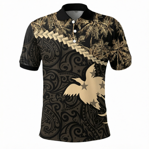 Polo pour homme noir et or à imprimé polynésien, manches courtes, décontracté, respirant, en polyester tissé, motif décoratif - Product Image 1