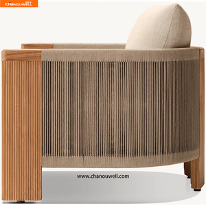 Fauteuil de salon moderne en teck de qualité supérieure, dossier en forme de baril, détails tressés en corde, résistant aux intempéries, ensemble d'extérieur pour cour - Product Image 4
