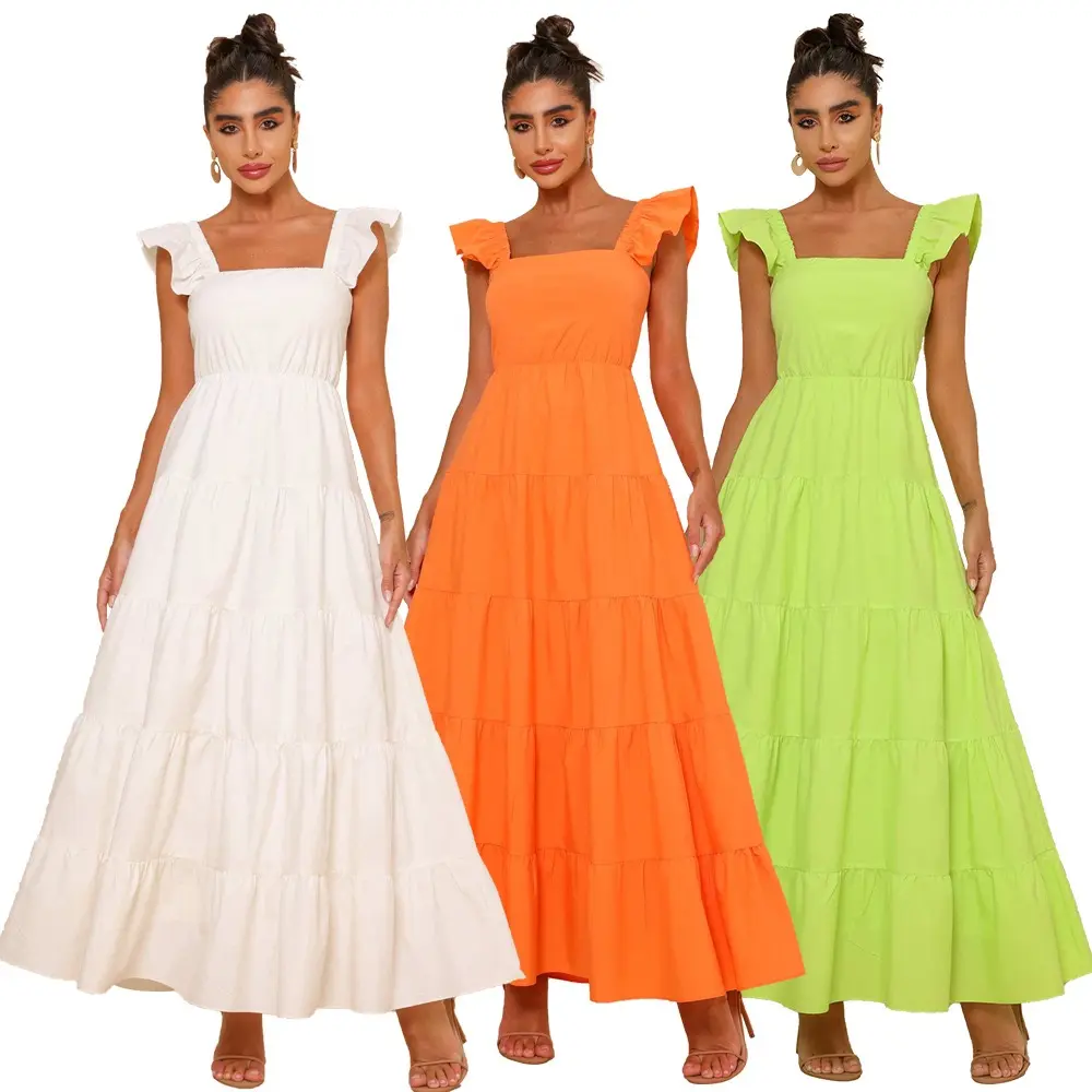 BOBOYU new style 2023 elegant sleeveless square neck lace up women backless hollow out ruffles maxi dress casual beach wear