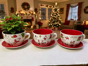 Tazza da tè e piattino natalizi in ceramica smaltata, vaso <span class=keywords><strong>per</strong></span> piante con grazioso motivo Babbo Natale e pupazzo di neve, con drenaggio, decorazione <span class=keywords><strong>per</strong></span> giardino e casa - Product Image 6