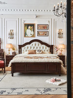 Lit double en bois massif de style américain avec tête de lit rembourrée en cuir et coffre de rangement haute capacité, design vintage