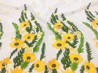 Tissu en dentelle brodé floral chic jaune tournesol, tissu en tulle gris à double bordure motif marguerite de qualité supérieure pour robe de couture