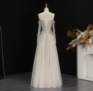 Sharon Said SS507 Abiti da Sera di Lusso Dubai per Donne, Senza Spalline, <span class=keywords><strong>Maniche</strong></span> <span class=keywords><strong>Lunghe</strong></span>, Decorati con Perline, Abiti Formali Sauditi per Feste, Beige - Product Image 5