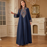 Abaya longue arabe à col montant brodé, en polyester respirant, à manches longues, robe musulmane formelle, Kaftan moyen