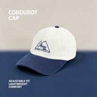 Gorra de Béisbol de Pana de Dos Tonos con Diseño de Alta Calidad, Blanca y Azul, de 6 Paneles, con Visera Curva y Logotipo Bordado de Montaña