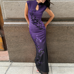 <b>Purple</b> Digital Floral Hollow Stand Collar <b>Maxi</b> Cheongsam Fashion Sexy Elegant Chinese Style High Waist Slim Fit Summer <b>Dress</b> - Product Image 1