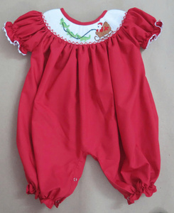 Santa Sleigh Reindeer Smocked Kids <b>Dress</b> Romper <b>Red</b> Christmas Holiday Collection Hand Embroidered Party Outfit - Product Image 3