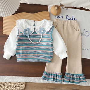 Ensemble 3 pièces à manches longues avec décor floral et blocs de couleur pour filles, tenue décontractée de printemps - Product Image 2