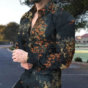 Chemises à manches longues pour hommes, imprimées de dentelle florale bleu sarcelle, décontractées, boutonnées, style hawaïen - Product Image 4