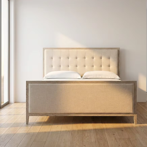 Cadre de lit en bois massif, MOQ faible, personnalisable, lit de luxe en tissu capitonné avec panneau en bois et pied de lit pour propriétaires - Product Image 1