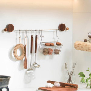 Walnut Wood Suction Cup Hooks Wall Mounted Storage Rack For Kitchen Utensils Punch Free Polished Finish - Product Image 1