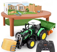 Tracteur agricole télécommandé HTL 1:24 RC 3-en-1 avec grappin à balles de foin, pulvérisateur et remorque, avec lumières, pour enfants