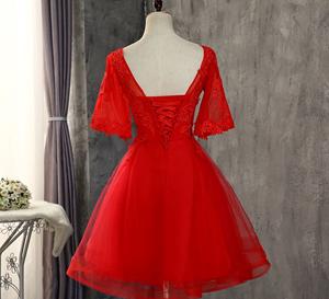 Robes <span class=keywords><strong>de</strong></span> demoiselle d'honneur courtes à manches courtes et col rond, couleur <span class=keywords><strong>blanc</strong></span>/rouge/gris/<span class=keywords><strong>champagne</strong></span> - Product Image 3