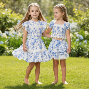 Tenues assorties pour sœurs, ensembles pour filles, imprimé numérique floral bleu personnalisé sur toute la surface, respirant, polyester et coton, tenues d'anniversaire pour jumelles - Product Image 1