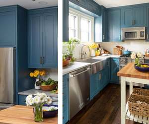 Armoires de cuisine murales modernes bleues sur mesure, organisateur de garde-manger, armoires à vin en bois avec îlot - Product Image 2