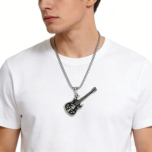Yunnique – pendentif de guitare en acier inoxydable avec motif de crâne, collier unisexe de musique rock, bijoux de style punk - Product Image 4