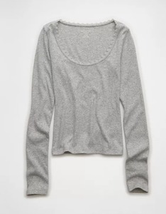Camiseta de Manga Larga para Mujer, Premium, Moderna, Color Gris Jaspeado, Cuello Redondo, Tejido de Algodón Acanalado, Corte Ajustado - Product Image 4