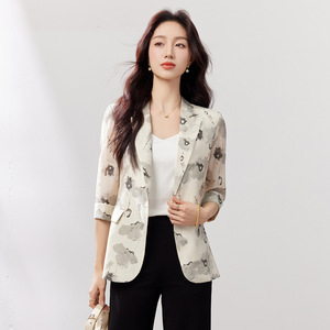 Women's Printed Three Quarter Sleeve Lightweight Blazer Slim Fit Breathable Summer Suit Top - Product Image 2