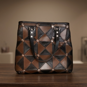 Elegante Bolso de Hombro de Cuero Marrón con Patrón Geométrico y Adornos de Botones, Cierre Abierto, Uso Diario - Product Image 1