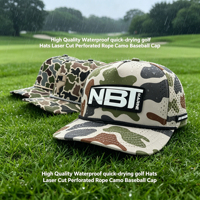 Casquette de golf OEM imperméable à 5 panneaux découpée au laser et perforée, séchage rapide, avec logo personnalisé en patch PVC caoutchouc et cordon, pour le golf et le quotidien