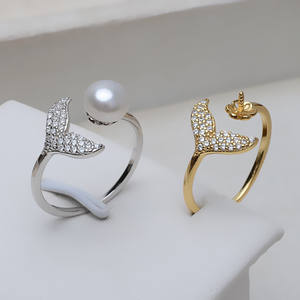 Anillo Abierto de Plata S925 con Diseño de Sirena y Cola de Pez, para Perlas de 6-9 mm, Soporte Vacío para Gemas, Producto Semiterminado 3153 - Product Image 1