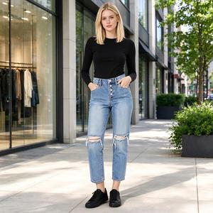 Jean droit déchiré taille haute <span class=keywords><strong>pour</strong></span> femme, coupe courte, idéal <span class=keywords><strong>pour</strong></span> les sorties décontractées et les journées d'automne - Product Image 4