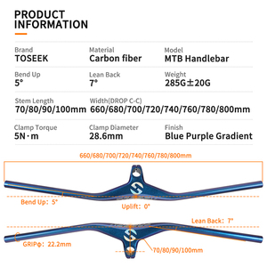 <span class=keywords><strong>Manillar</strong></span> Integrado de Carbono para Bicicleta de Montaña <span class=keywords><strong>TOSEEK</strong></span>, Ancho de 660/800 mm -17 °   Tubo de dirección Rise de 28,6 mm con luz que cambia de color para exteriores, 285 g - Product Image 4