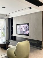 Meuble TV mural flottant moderne, console multimédia avec finition grise, porte en verre, rangement et étagères ouvertes pour salon - Personnalisation OEM