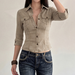 Ladies Brown Plaid 3/4 Sleeve Shirt, Button Up Lapel-neck Slim Fit Blouse, Y2K Casual Retro Workwear Top - Product Image 4