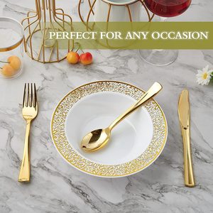 Assiettes en plastique jetables dorées creuses de 12 oz, 7,5 pouces de profondeur, design moderne, vaisselle en PP métallique pour fête, assiettes à salade, à soupe, à dîner gravées - Product Image 4