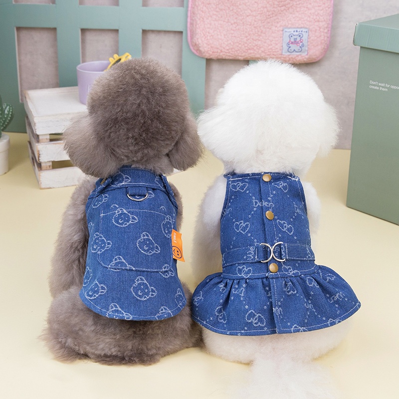 Cute Cat Face and Hearts Print Jean Dress Vest for Dogs