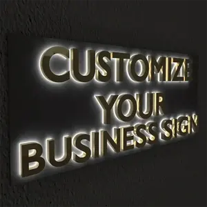 Custom 3D Letter Gold Signboard Letter Lighted Backlit Sign Led Channel Letter Outdoor Signage