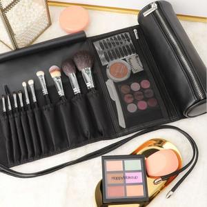 Bolsa de maquillaje redonda negra con 10 bolsillos para brochas y bolsillo de malla para uso diario - Product Image 2