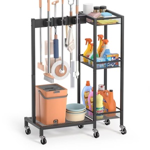 Carrello Organizzatore Mobile per Prodotti di Pulizia Commerciale, in Acciaio Resistente, Porta-Mop e Scopa, Carrello Multiuso per Servizi di Pulizia - Product Image 4