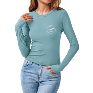 Fabricación de alta calidad, Camisetas básicas ajustadas acanaladas de algodón Spandex de alta elasticidad personalizadas, <span class=keywords><strong>Camiseta</strong></span> básica de <span class=keywords><strong>manga</strong></span> <span class=keywords><strong>larga</strong></span> para mujer - Product Image 5