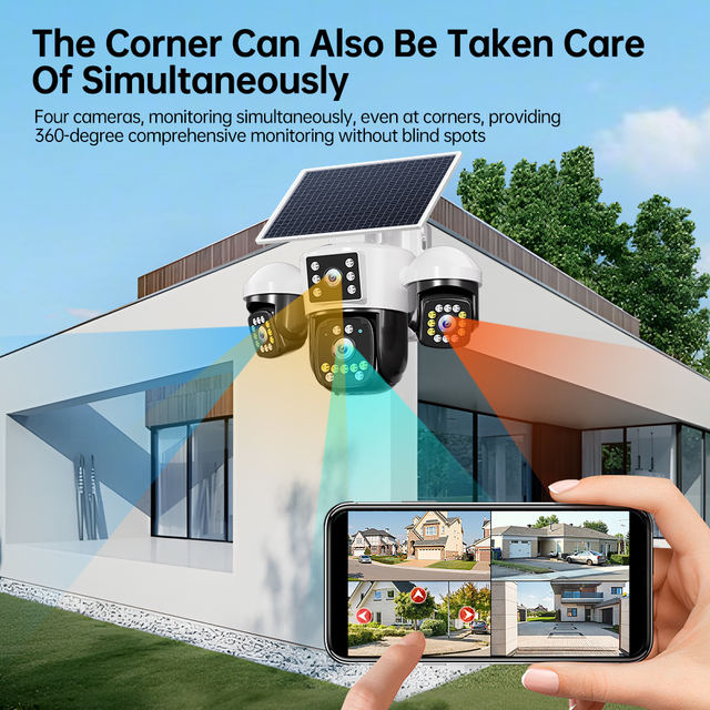 Wireless Outdoor IP Camera 12MP AI Detection Color Night Vision IP66 Solar Powered PTZ Security CCTV Camera 4 Lens 4 Live View