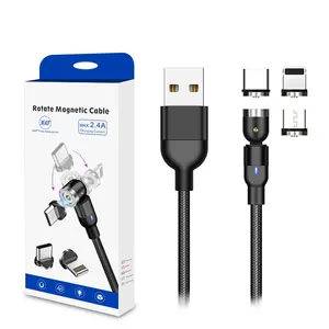 360 540 Graden Rotatie Hoofd Mobiele Telefoon Nylon Gevlochten Snel Opladen Magneet Micro Charger Type C V8 Usb Magnetic Kabel voor Iphone